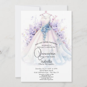 Invitation Quinceañera   White Gown Purple and Blue FLowers