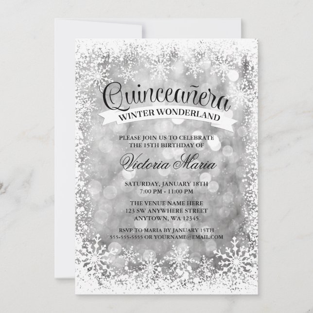 Invitation Quinceanera Winter Wonderland Argent étincelle (Devant)