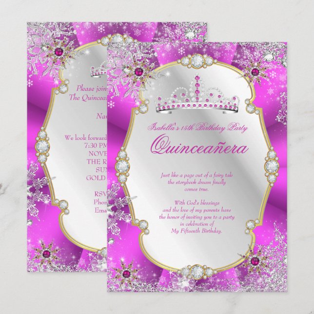 Invitation Quinceanera Winter Wonderland Hot Pink Gold Silver (Devant / Derrière)