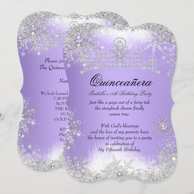 Invitation Quinceanera Winter Wonderland Lilac Purple Neige (Devant / Derrière)