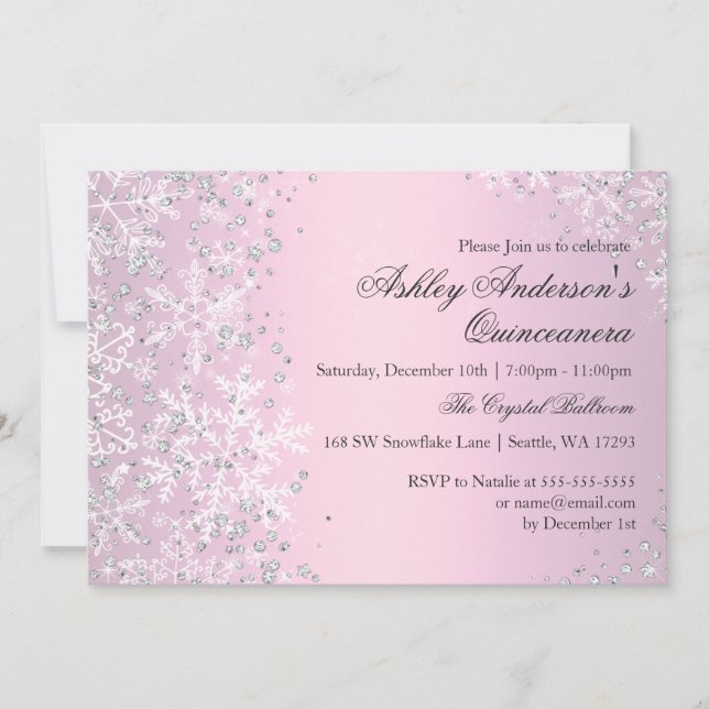 Invitation Quinceanera Winter Wonderland Pink Snowflakes (Devant)