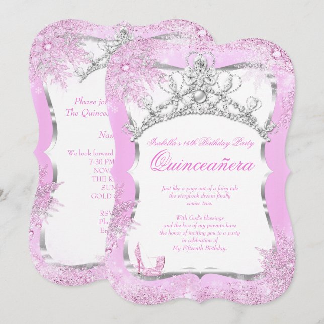 Invitation Quinceanera Winter Wonderland Silver Pink Heures 2 (Devant / Derrière)