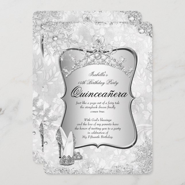 Invitation Quinceanera Winter Wonderland Silver Snowflake 2 (Devant / Derrière)