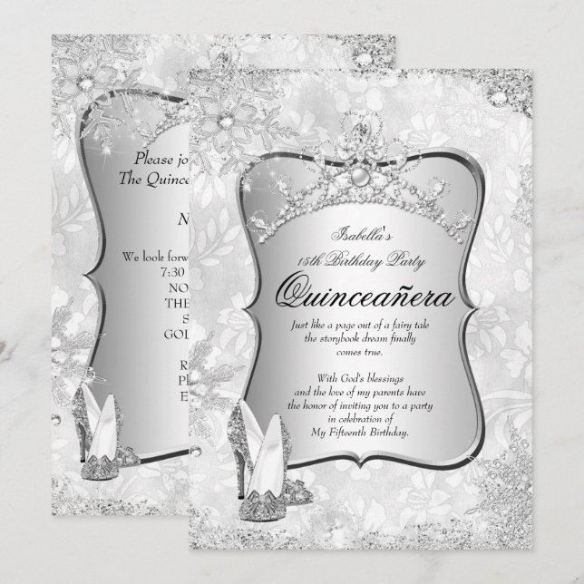 Invitation Quinceanera Winter Wonderland Silver Snowflake 2 (Devant / Derrière)