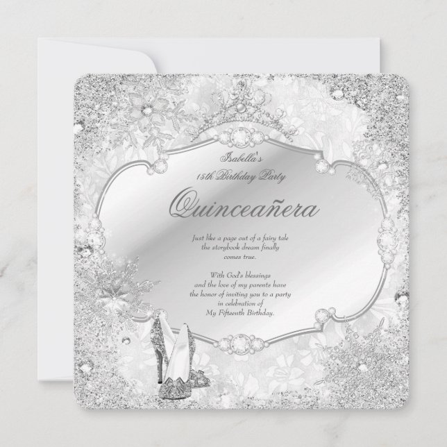 Invitation Quinceanera Winter Wonderland Silver Snowflake A (Devant)