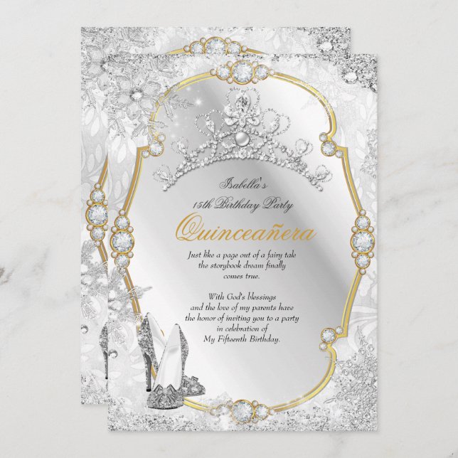 Invitation Quinceanera Winter Wonderland Snowflake Gold White (Devant / Derrière)