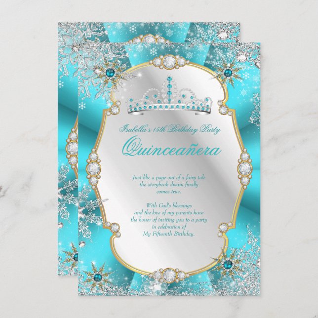 Invitation Quinceanera Winter Wonderland Turquoise Gold Silve (Devant / Derrière)