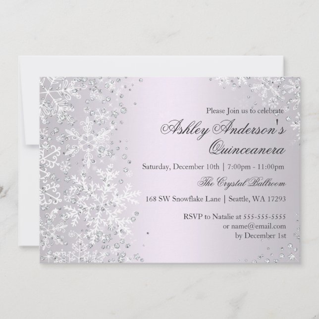 Invitation Quinceanera Winter Wonderland Violet Snowflakes (Devant)