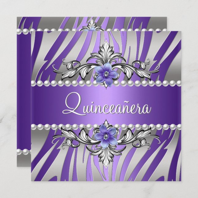 Invitation Quinceañera Zebra Purple Pearl Argent (Devant / Derrière)