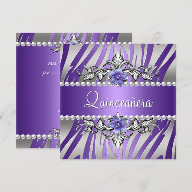 Invitation Quinceañera Zèbre Perle Violette Argent (Devant / Derrière)