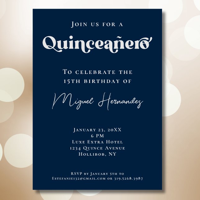 Invitation Quinceañero Elegant Navy Bold Typographie Annivers (Créateur téléchargé)