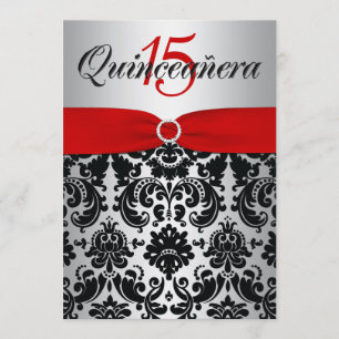 Invitation Quincénanera noir d'argent rouge RIBBON