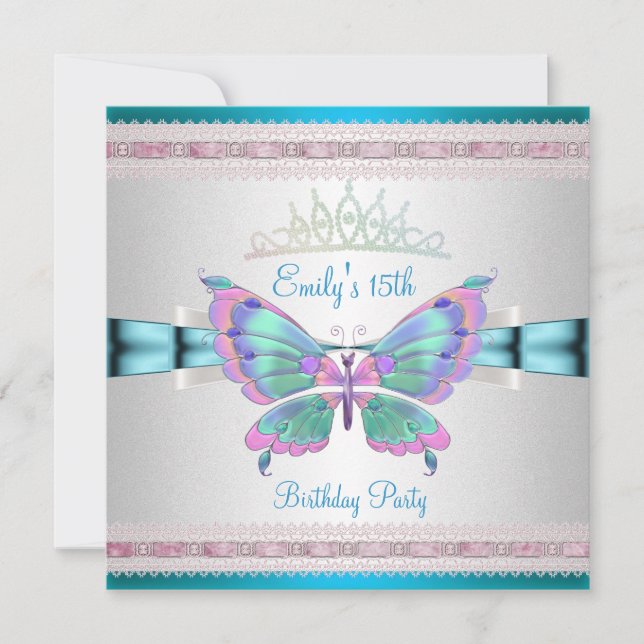 Invitation Quincenera 15ème Blanc Bleu Sarcelle Rose Papillon (Devant)