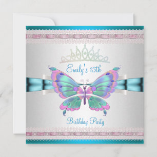 Invitation Quincenera 15ème Blanc Bleu Sarcelle Rose Papillon