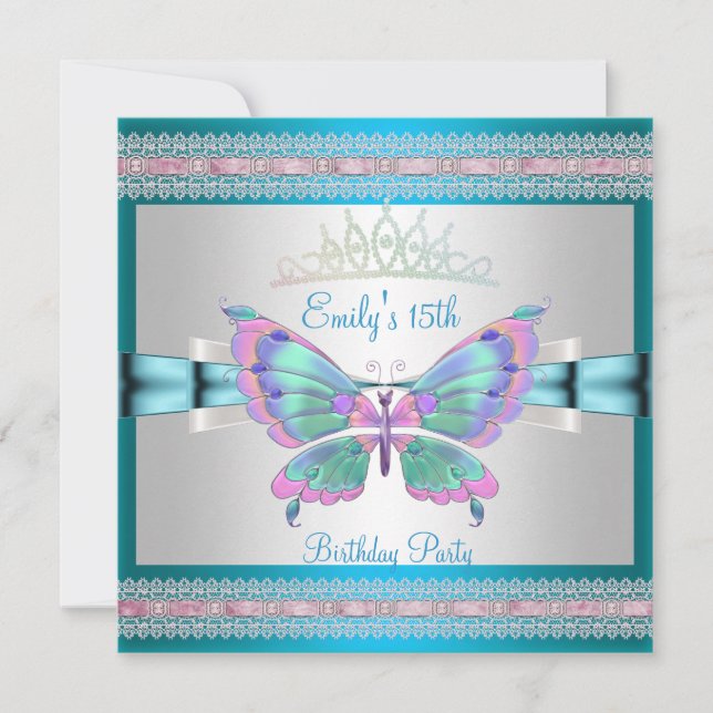 Invitation Quincenera 15ème Blanc Bleu Sarcelle Rose Papillon (Devant)