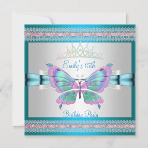 Invitation Quincenera 15ème Blanc Bleu Sarcelle Rose Papillon