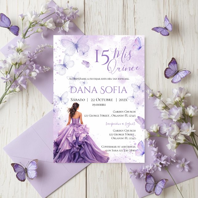 Invitation Quincenera Florale Violette Espagnol (Créateur téléchargé)