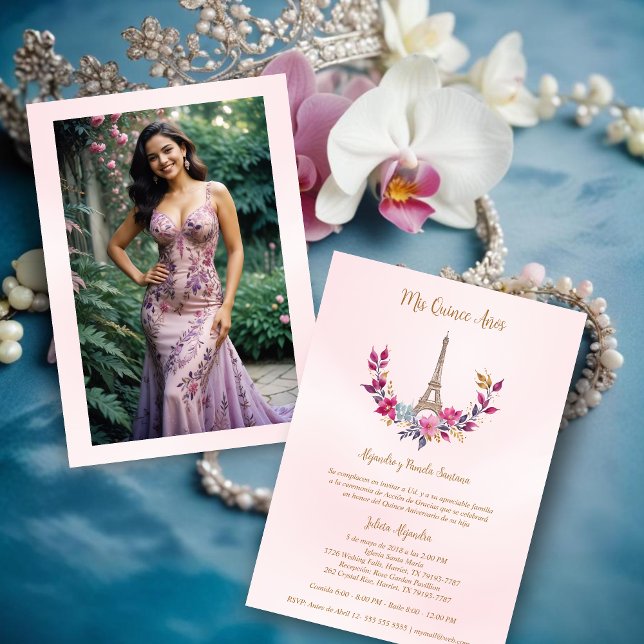 Invitation Quinces Espagnol Garland Rose Tour Eiffel Photo (Cute Spanish Quinces Pink Garland with Eiffel Tower Photo Quinceañera Invitations.)