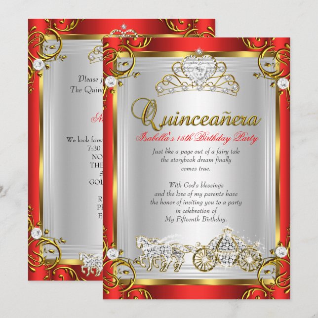 Invitation Quinze Ans Anniversaire de Contes de Fées Rouge Or (Devant / Derrière)