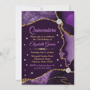 Invitation Quinze ans Faux Paillettes Agate Violet et Or