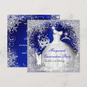 Invitation Quinze Ans Mascarade Bleu Royal Flocons de Neige B