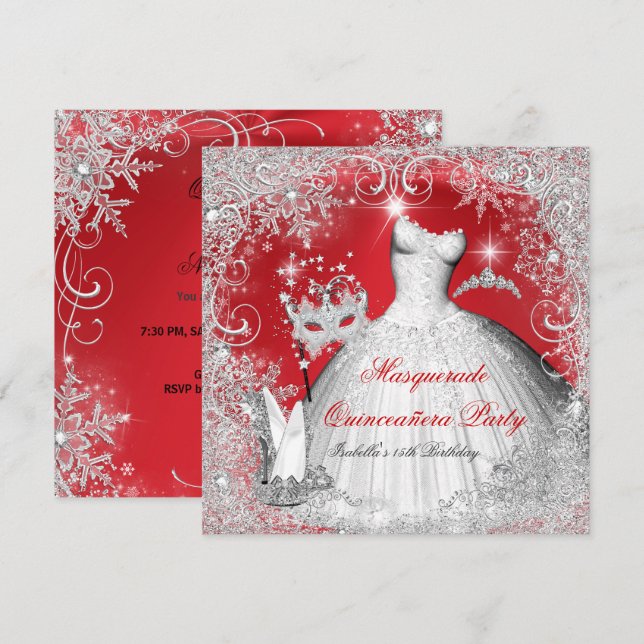 Invitation Quinze Ans Mascarade Flocons de Neige Rouges Blanc (Devant / Derrière)