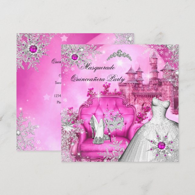 Invitation Quinze Ans Mascarade Princesse Magique Rose Chaud (Devant / Derrière)
