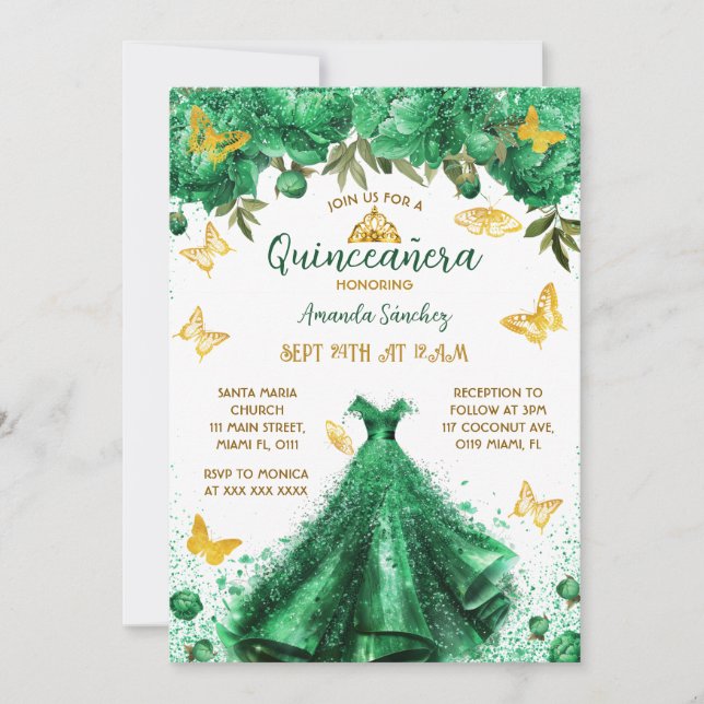 Invitation Quinze ans princesse vert floral  (Devant)