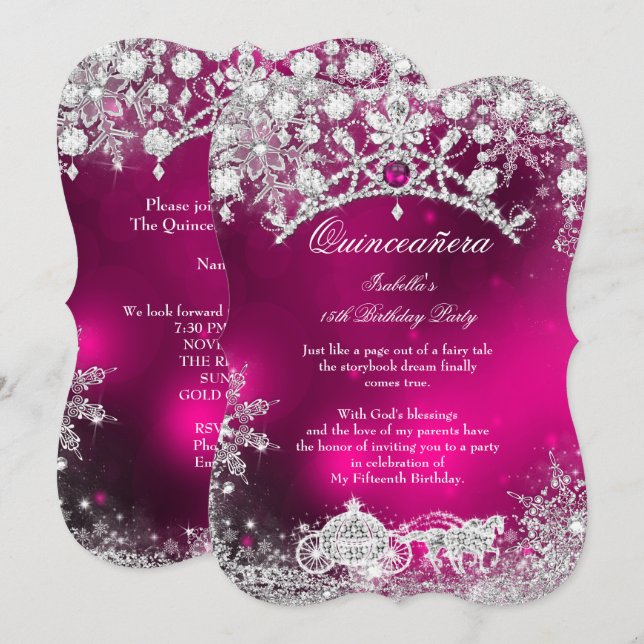Invitation Quinze ans Rose argentée Wonderland d'hiver (Devant / Derrière)