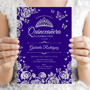 Invitation Quinze ans Roses Argent Violettes Papillons Quince