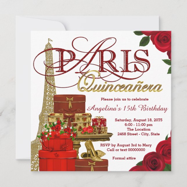 Invitation Quinze ans rouge et or à Paris (Devant)