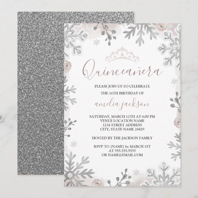 Invitation Quinze ans Winter Wonderland Rose Argent (Devant / Derrière)