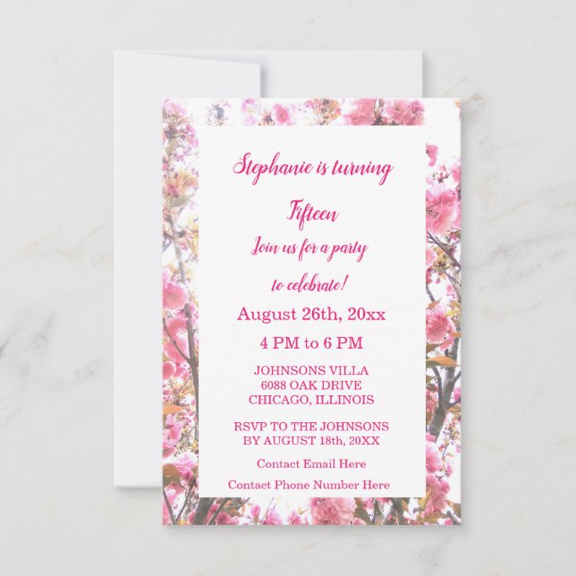 Invitation Quinzième anniversaire Cerise rose Floral Quincean (Devant)