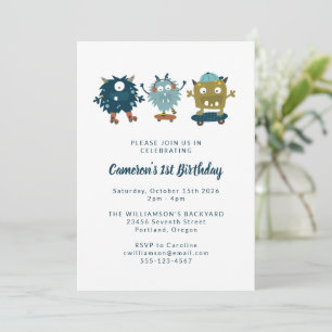 Invitation Quirky Cute Skateboard Monsters 1er anniversaire f