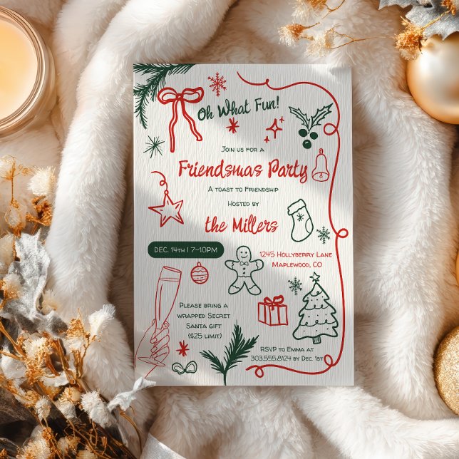 Invitation Quirky Illustrated Red Green Friendsmas Christmas (Quirky Illustrated Red Green Friendsmas Christmas Invitation)