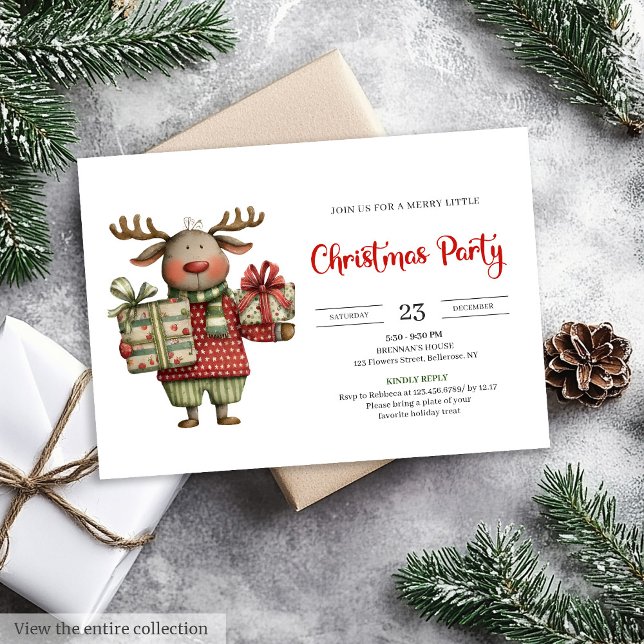 Invitation Quirky Reindeer watercolor festive holiday invite (Quirky Reindeer watercolor festive holiday invite)