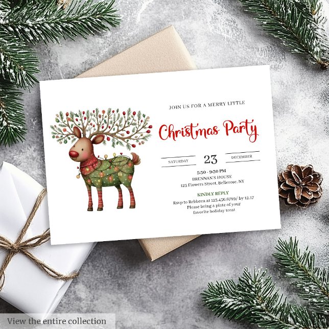 Invitation Quirky Reindeer watercolor red green Christmas  (Quirky Reindeer watercolor red green Christmas invite)