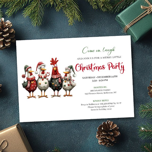 Invitation Quirky Watercolor Chickens Red Green Christmas  (Quirky Watercolor Chickens Red Green Christmas Card)