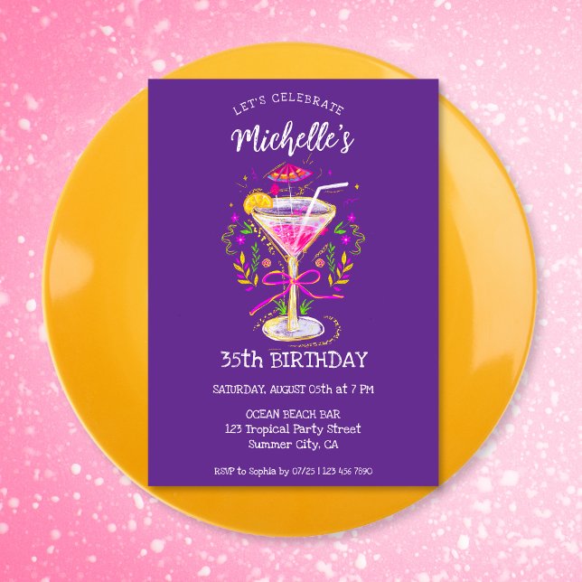 Invitation Quirky Whimsical Adult Cocktail Anniversaire (whimsical colorful glitter cocktail birthday party invitation)