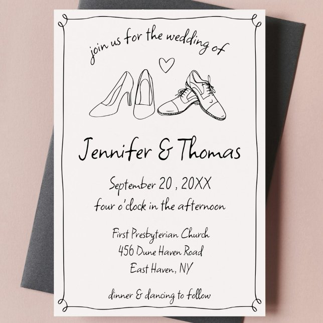 Invitation Quirky Whimsical Main Drawn Doodle Chaussures Mari (quirky whimsical hand drawn doodle scribble wedding invitation wedding shoes handwritten black cute)