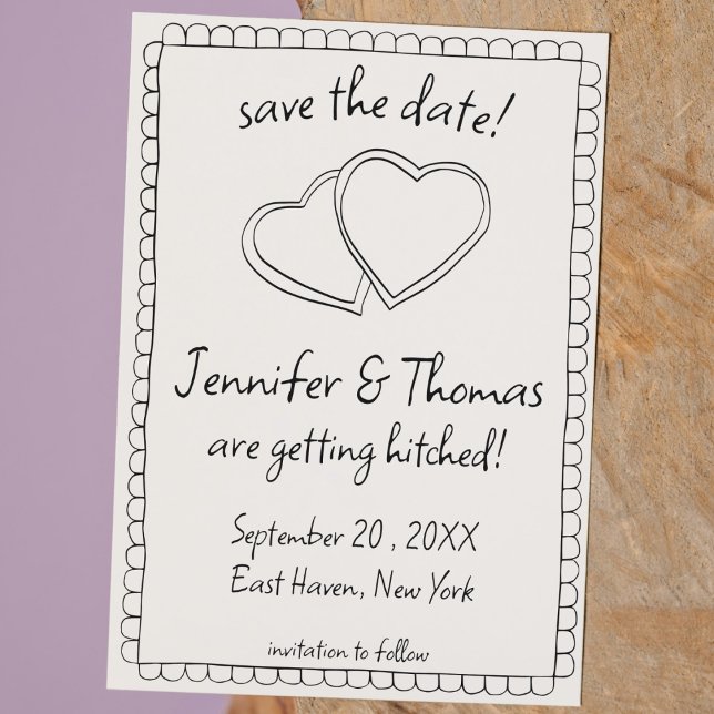 Invitation Quirky Whimsical Main Drawn Doodle Enregistrer la  (hand drawn scribble doodle sketch save the date heart handwriting QR code black and white quirky )
