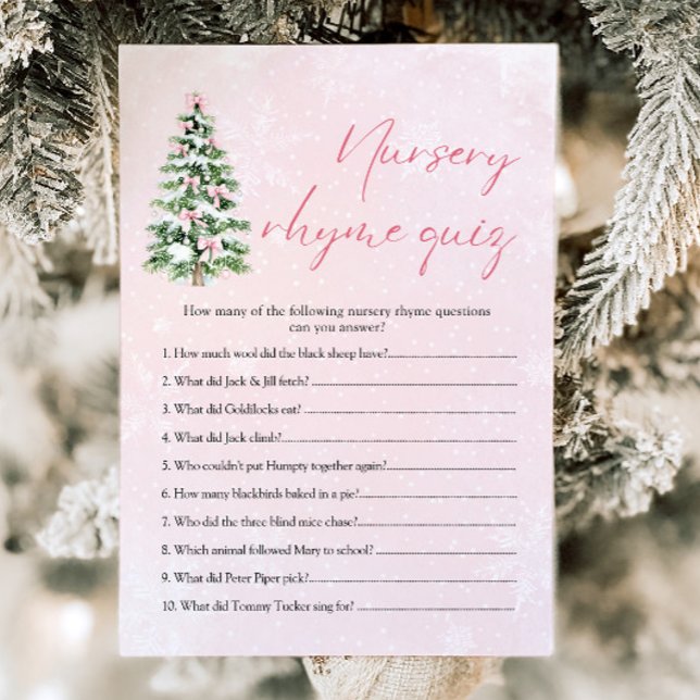 Invitation Quiz de comptines de Noël aux rubans roses pour Ba (Pink Bows Christmas Nursery Rhyme Quiz Baby Shower Game)