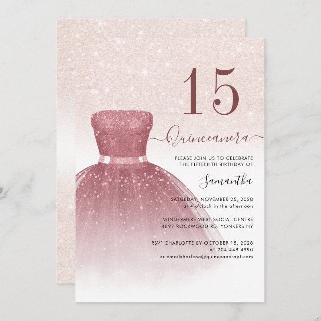 Invitation Quniceanera 15e anniversaire fête Parties scintill (Devant / Derrière)