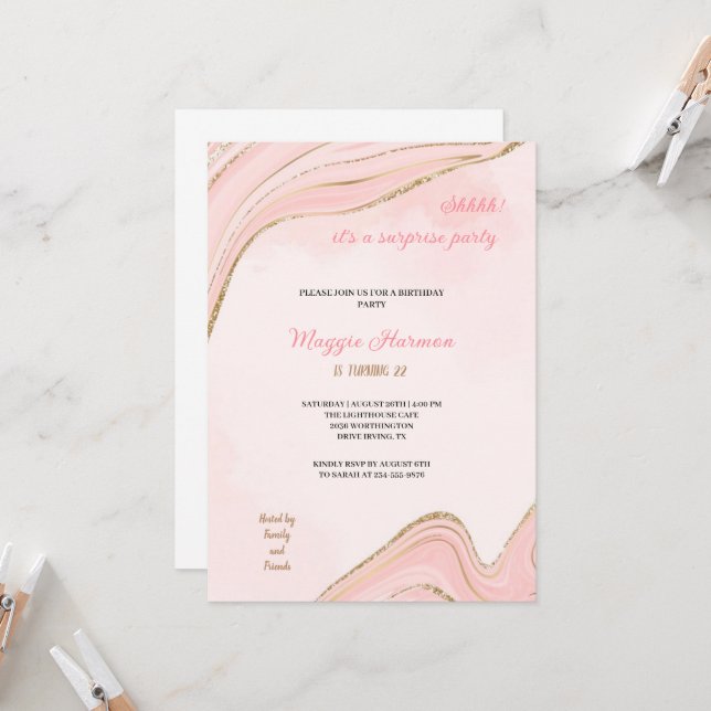 Invitation quoi c'est une surprise simple fête rose anniversa (Devant/Arrière en situation)