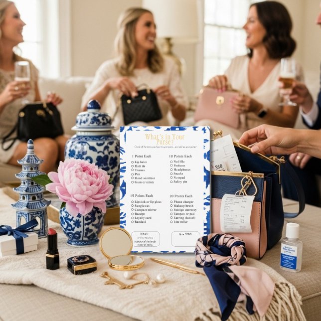 Invitation Qu'y a-t-il dans votre sac ? Jeu Bleu de Shower de (What’s in Your Purse? Bridal Shower Blue Game)