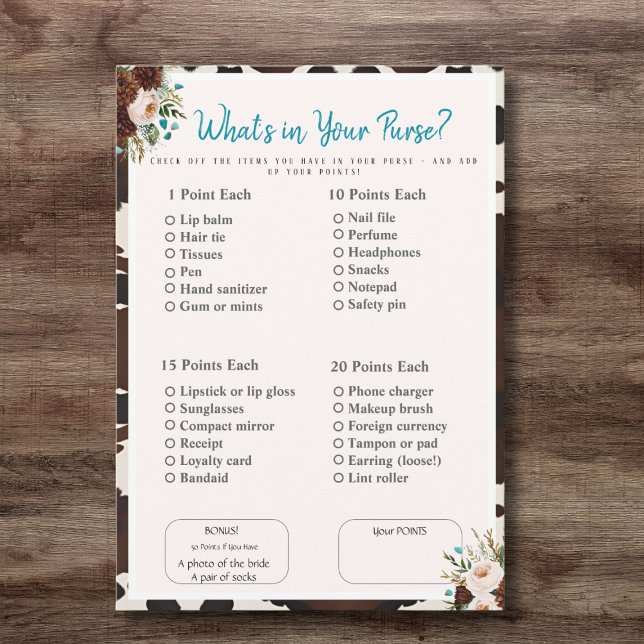 Invitation Qu'y a-t-il dans votre sac ? Jeu bohème pour Baby  (What’s in Your Purse? Bridal Shower boho Game)