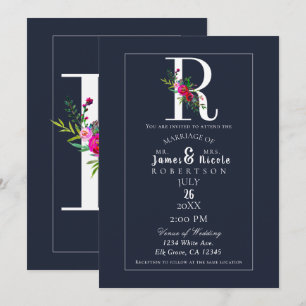 Invitation R Monogramme Dernière Initiale Moderne Bleu Floral