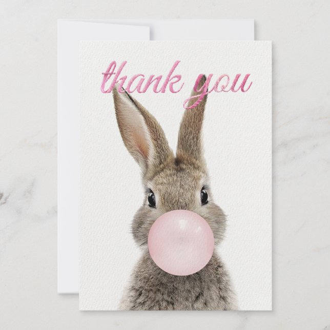 Invitation Rabbit Blowing Pink Bubble gum Thank you (Devant)