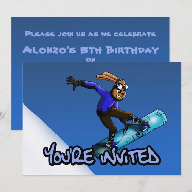 Invitation Rabbit Snowboardeur fête d'anniversaire (Devant / Derrière)