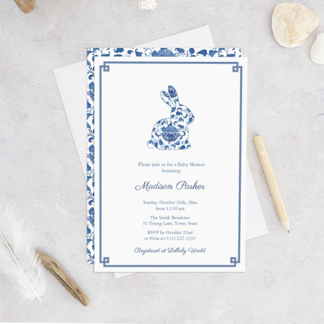 Invitation Rabin Chinoiserie Chic Baby shower Bleu Et Blanc (Bunny Rabbit Blue And White Chinoiserie Pattern Baby Shower Invitation)